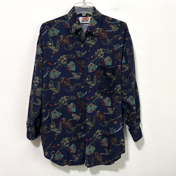 Sorrel Plus Blouse 18 Vintage Button Front Chains Crests Rayon Long Sleeve Top - Picture 1 of 9